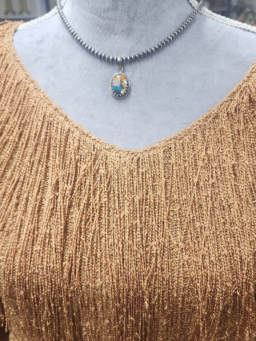 Silver Beaded Necklace with Blue and Orange Oval Stone Pendant